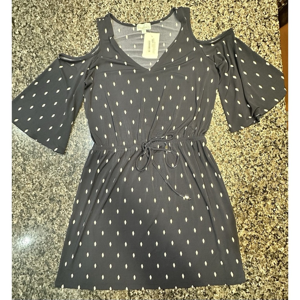 Veronica M. Navy Blue Print Knee Length Dress 3/4 Bell Sleeve